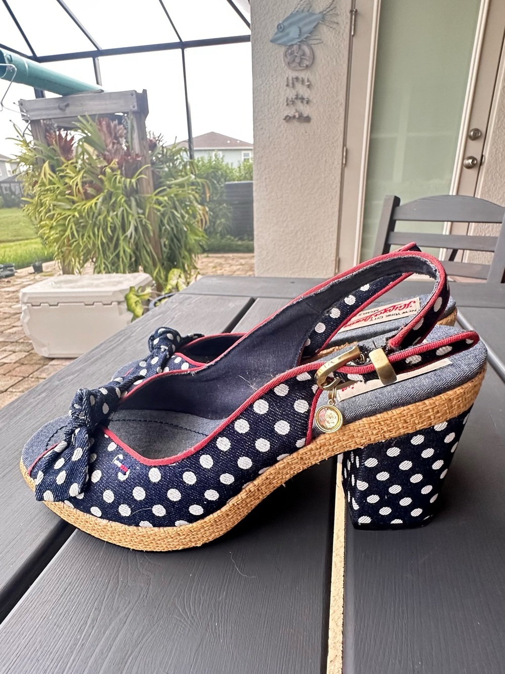 Tommy Hilfiger denim polka dot slingback wedge sandals sz 8.5 - Picture 2 of 10